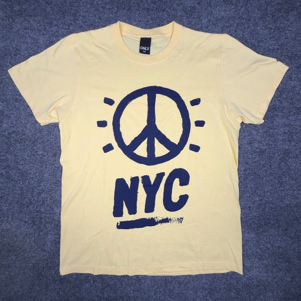Only NY NYC Peace Sign Graphic T-Shirt Mens Medium Yellow Short Sleeve USA Made